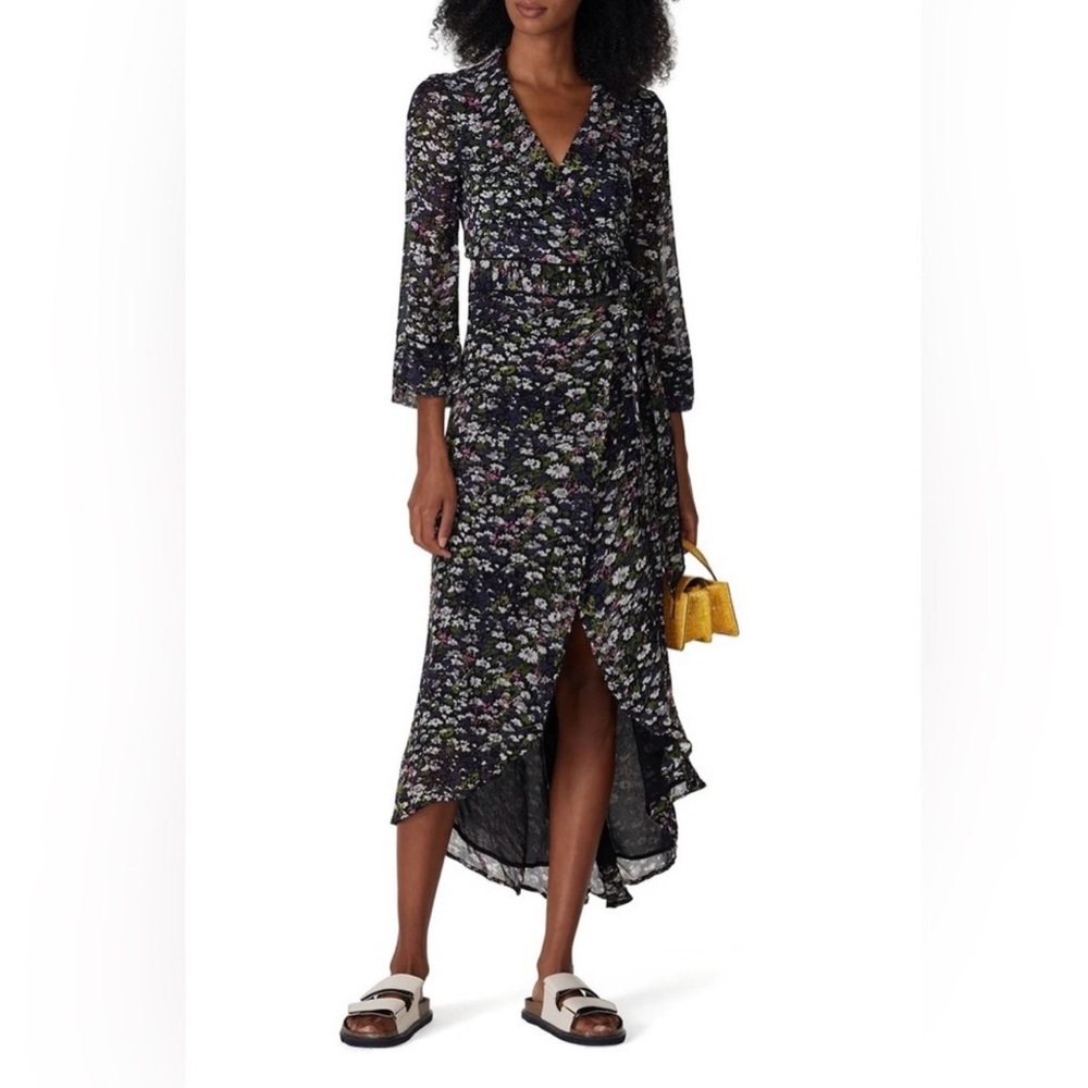 GANNI Floral Georgette Wrap Midi Dress Black Viscose NWT Size 36